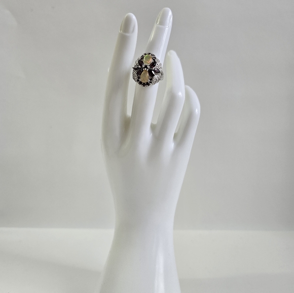 Sterling Silver 925 Iridescent Opal and Garnet Gemstone Ring - Picture 9 of 9